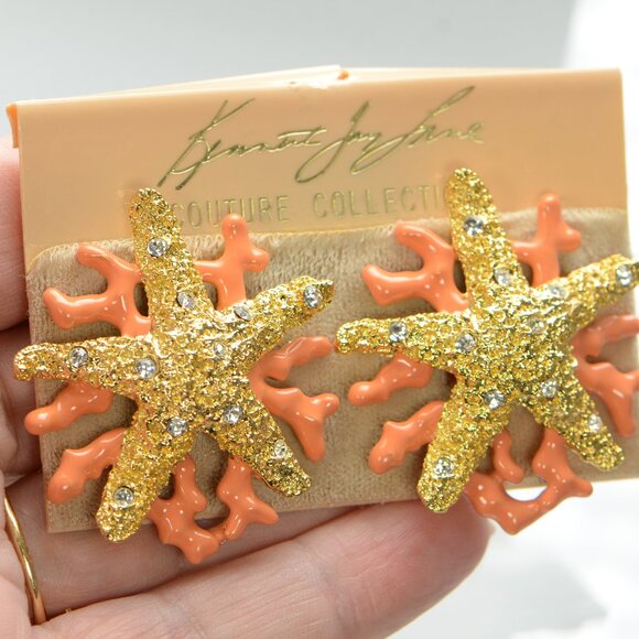 Kenneth Jay Lane KJL Crystal Starfish Coral Enamel Branch Earrings - Picture 8 of 8